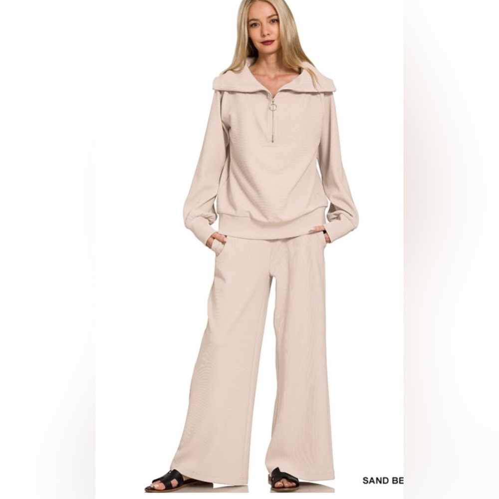 Zenana Outfitters Sand Beige Ribbed Knit Pullover & Pants Set